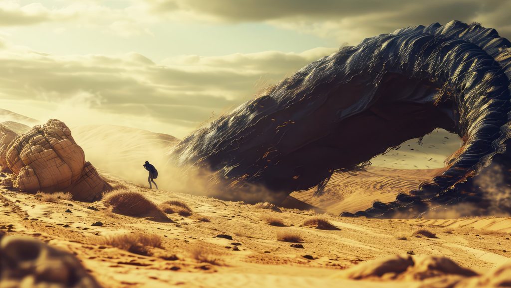 A giant sandworm makes its way through the desert while a man in all black stands fearlessly in front of it.